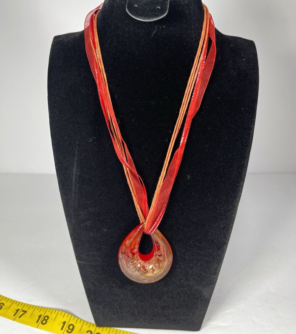 Red Ribbon Cord Necklace Teardrop Charm Pendant Lobster Clasp Adjustable 16"